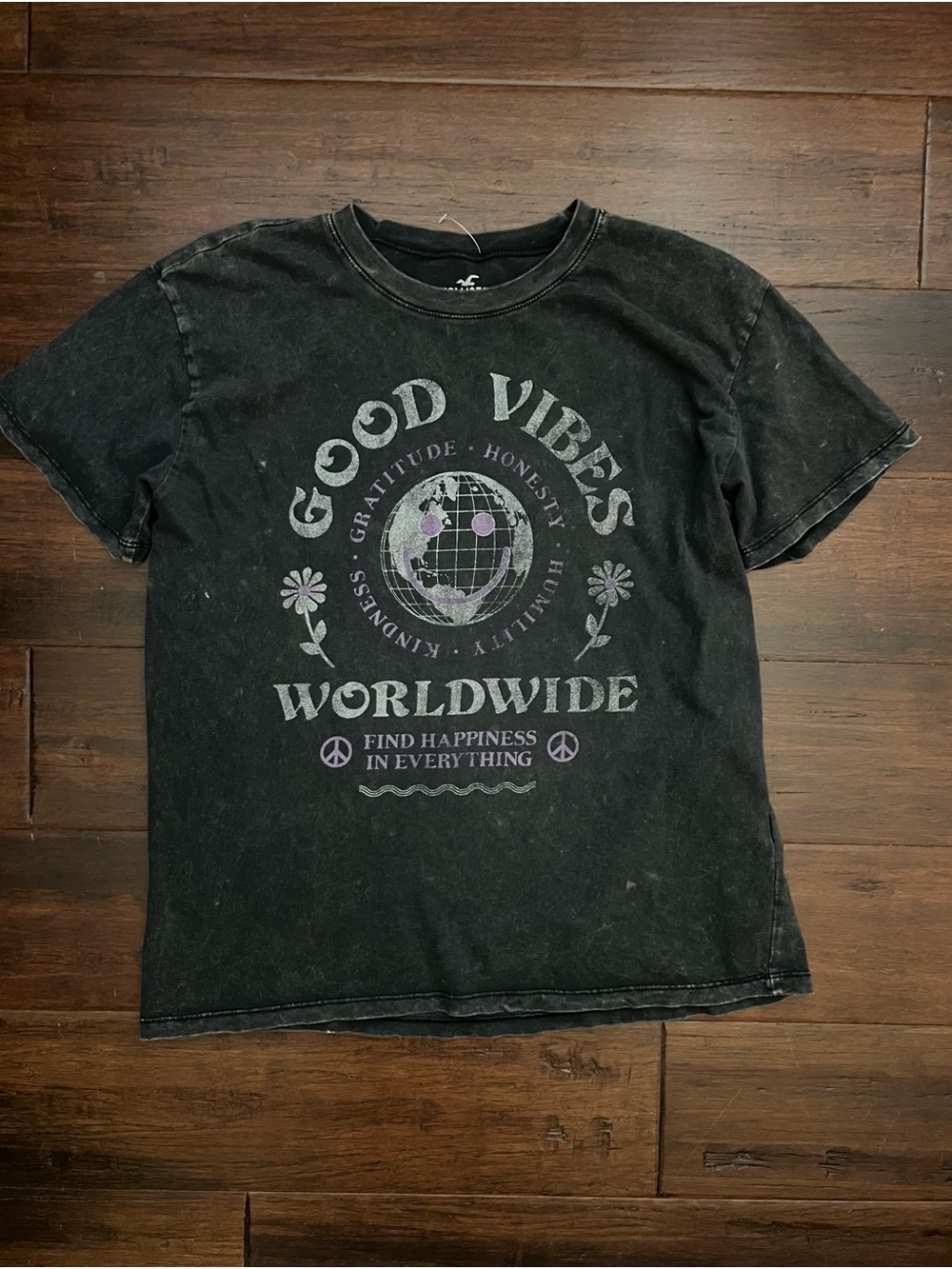 Hollister Black 'Good Vibes Worldwide' Graphic Tee with Purple Details